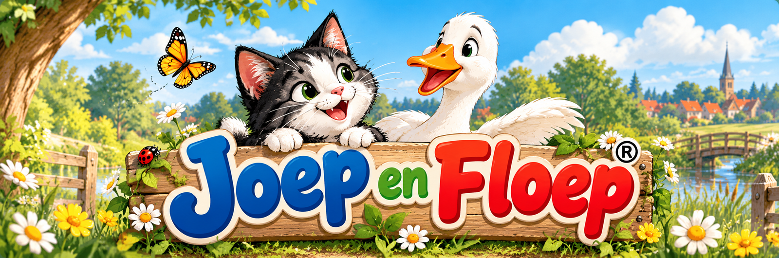 Joep de zwart-wit-grijze kat en Floep de witte gans samen bij het water